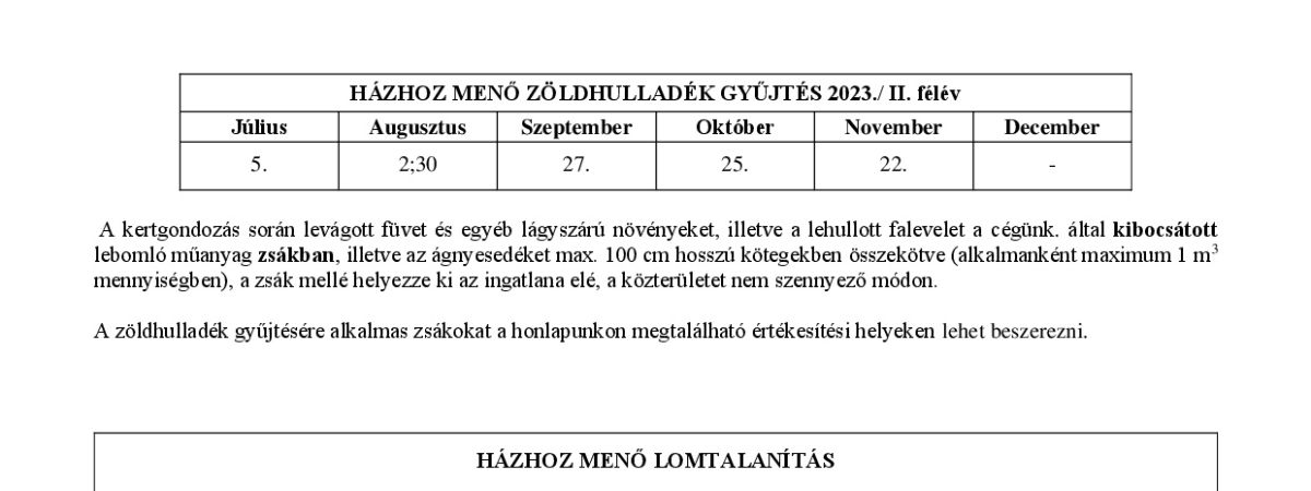 Hulladék szállítási rend 2023. II. félév