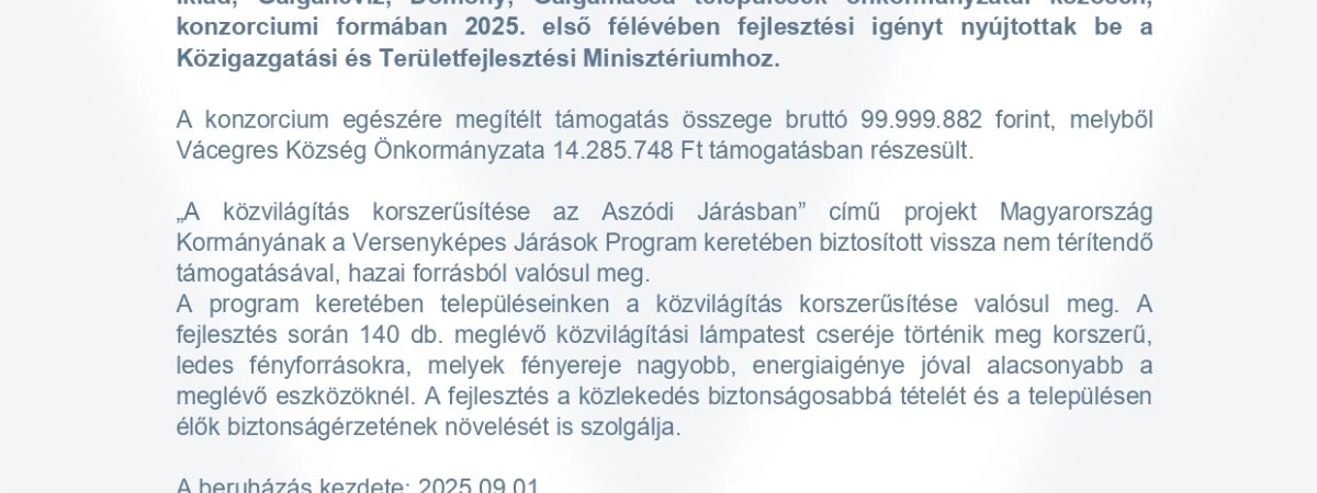 Közvilágítás korszerűsítése az Aszódi Járásban - Versenyképes Járások Program program keretében elnyert támogatásról